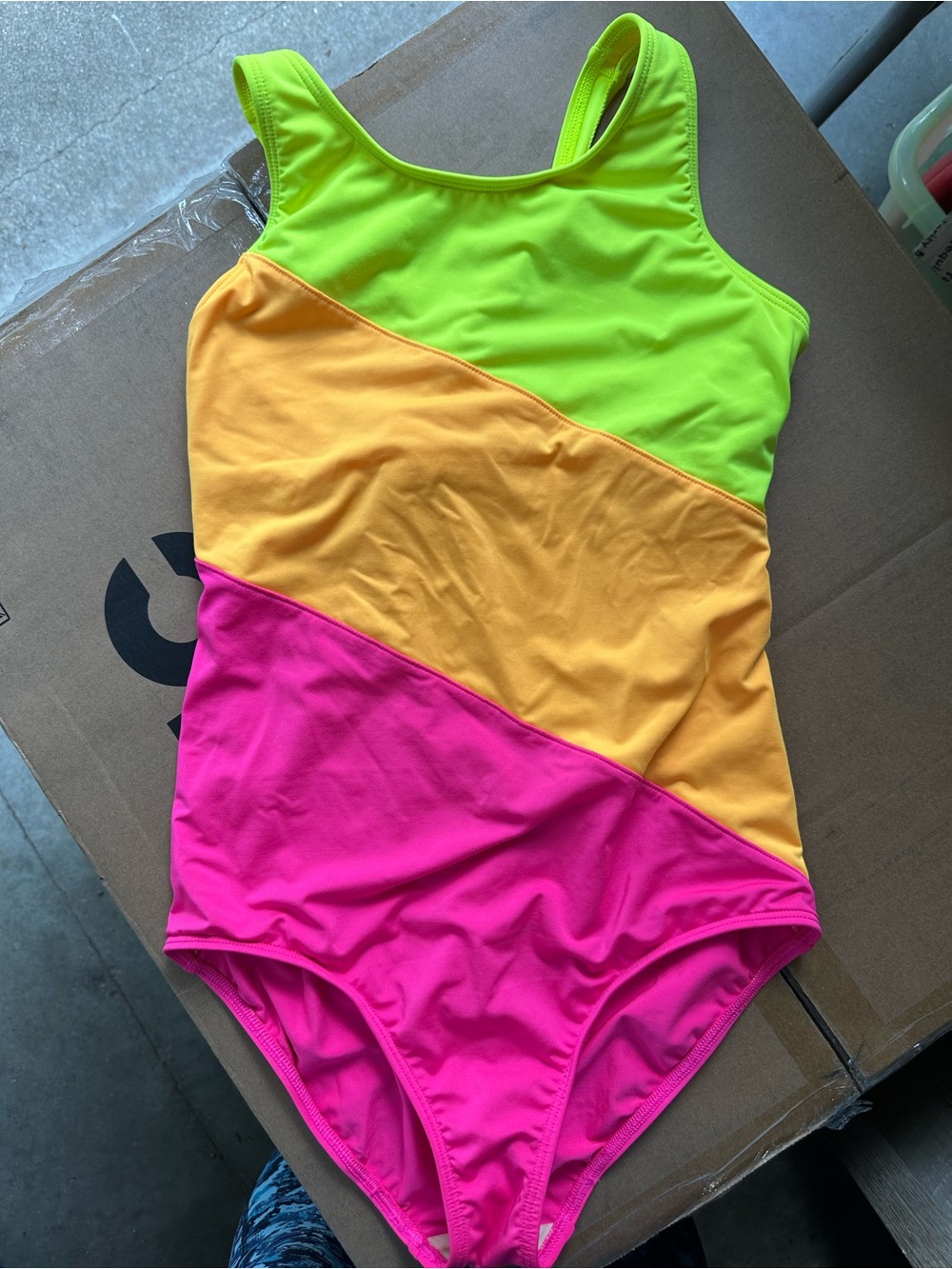 Lands' End Neon Orange, Yellow & Hot Pink Colorblock Swimsuit + Blue Tankini Top